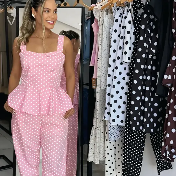 Conjunto peplum em poá rosa da Ana Melo Moda